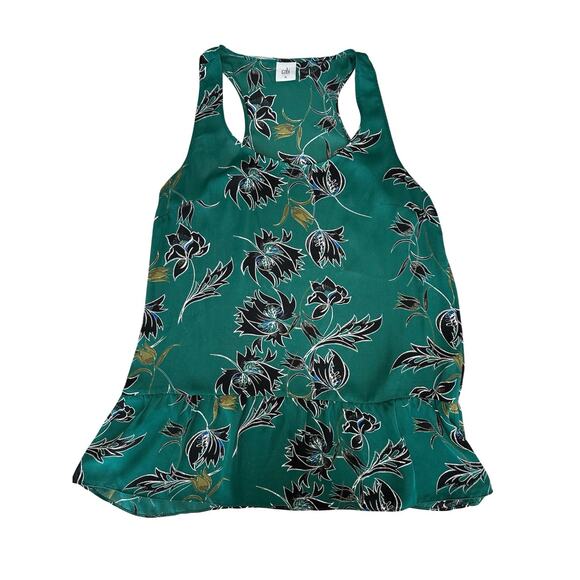 CAbi Top Womens M Green Floral Tank Scoop Neck Tunic Ruffle Hem Sleeveless Woven - Picture 8 of 8